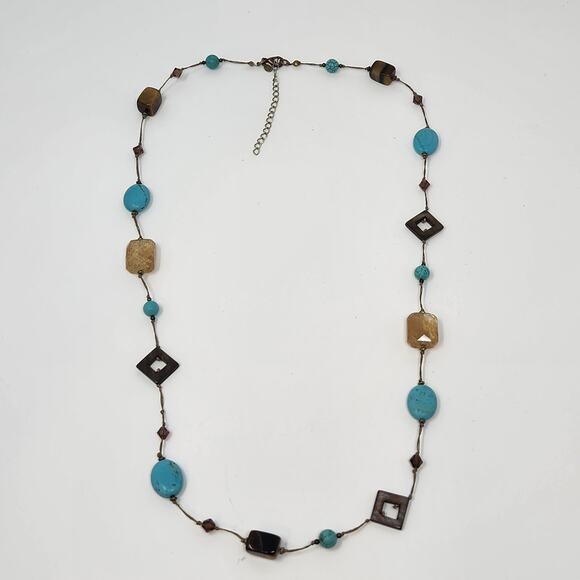 Premier Designs Promenade Tigers Eye Shell Faux Turquoise Long Necklace - Picture 2 of 7